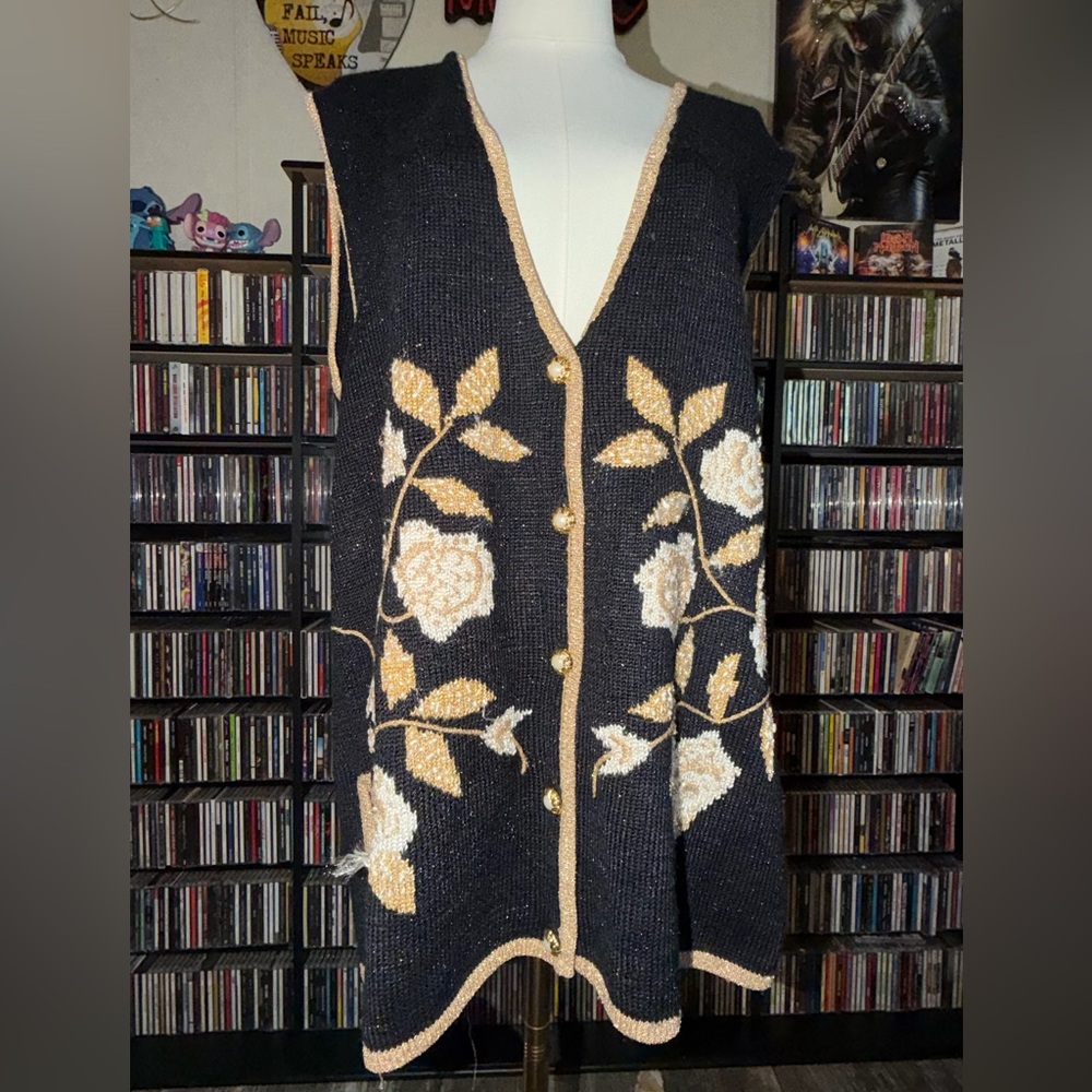 Vintage Black Floral Knit Embroidered Button-Front Sweater Vest - Gold Trim